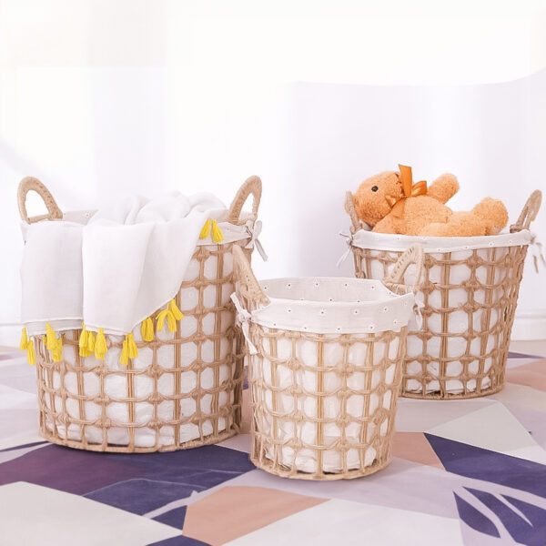 طقم باسكت معدن بخيوط جوت وبطانة كتان دائري 3 قطع مقاسات مختلفة لحمل وتنظيم الملابس والعاب الاطفال بيد