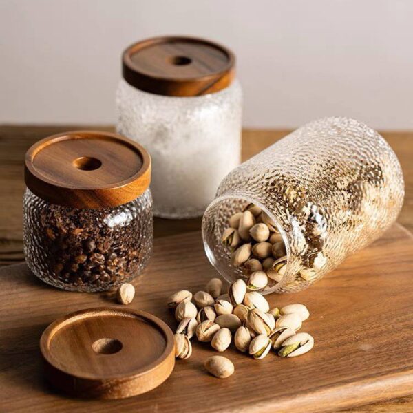 طقم برطمانات زجاج مزرقش3 قطع باحجام مختلفة لحفظ وتخزين الحبوب والبقوليات والتوابل بغطاء خشبي