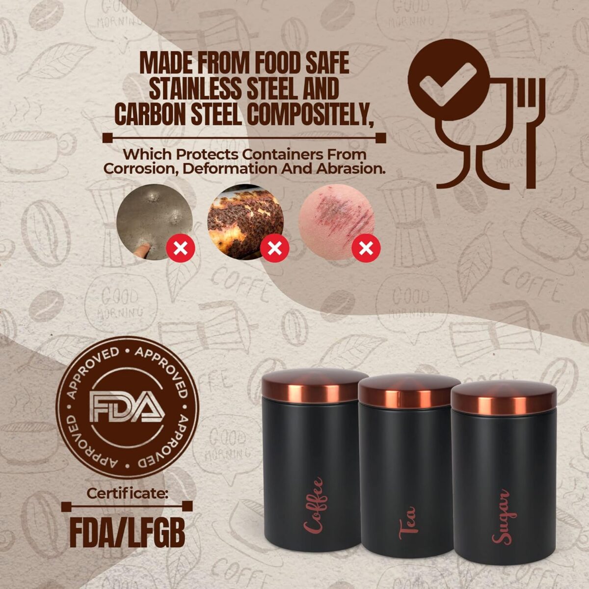 ⁦طقم برطمانات معدن 3 قطع لحفظ وتنظيم الشاي والسكر والقهوة بغطاء باللون الجولد محكم الغلق⁩ - الصورة ⁦6⁩