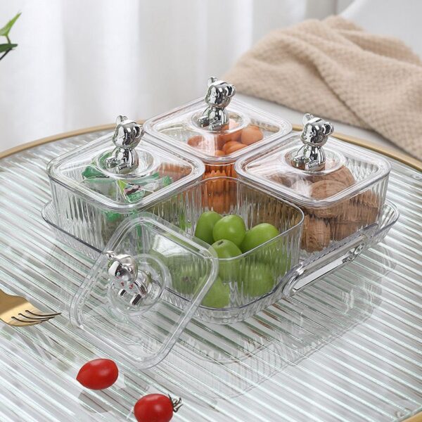 طقم تسالي اكليريك 4 قطع بغطاء دبدوب مع صينية بيد لتقديم الكاندي والمكسرات والشوكلاته بشكل شيك