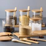 طقم توابل 3 قطع مع حامل ومعالق من الزجاج والخشب - الصورة 2