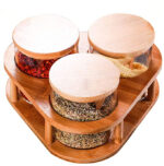 طقم توابل زجاج انيق  3 قطع بحامل خشبي يدور 360 درجة وغطاء محكم الغلق - الصورة 3