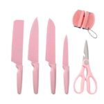 ⁦طقم سكاكين 4 قطع استانليس ستيل مطلي باللون البينك مقاسات مختلفة مع مقص ومسن لتقطيع اللحوم والخضروات والفواكه⁩ - الصورة ⁦4⁩