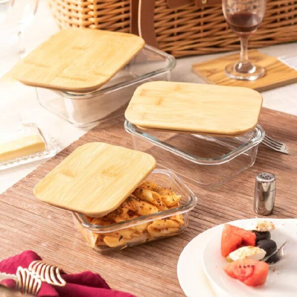 طقم علب زجاج لحفظ وتنظيم الطعام 3 قطع مقاسات مختلفة غطاء خشب محكم الغلق