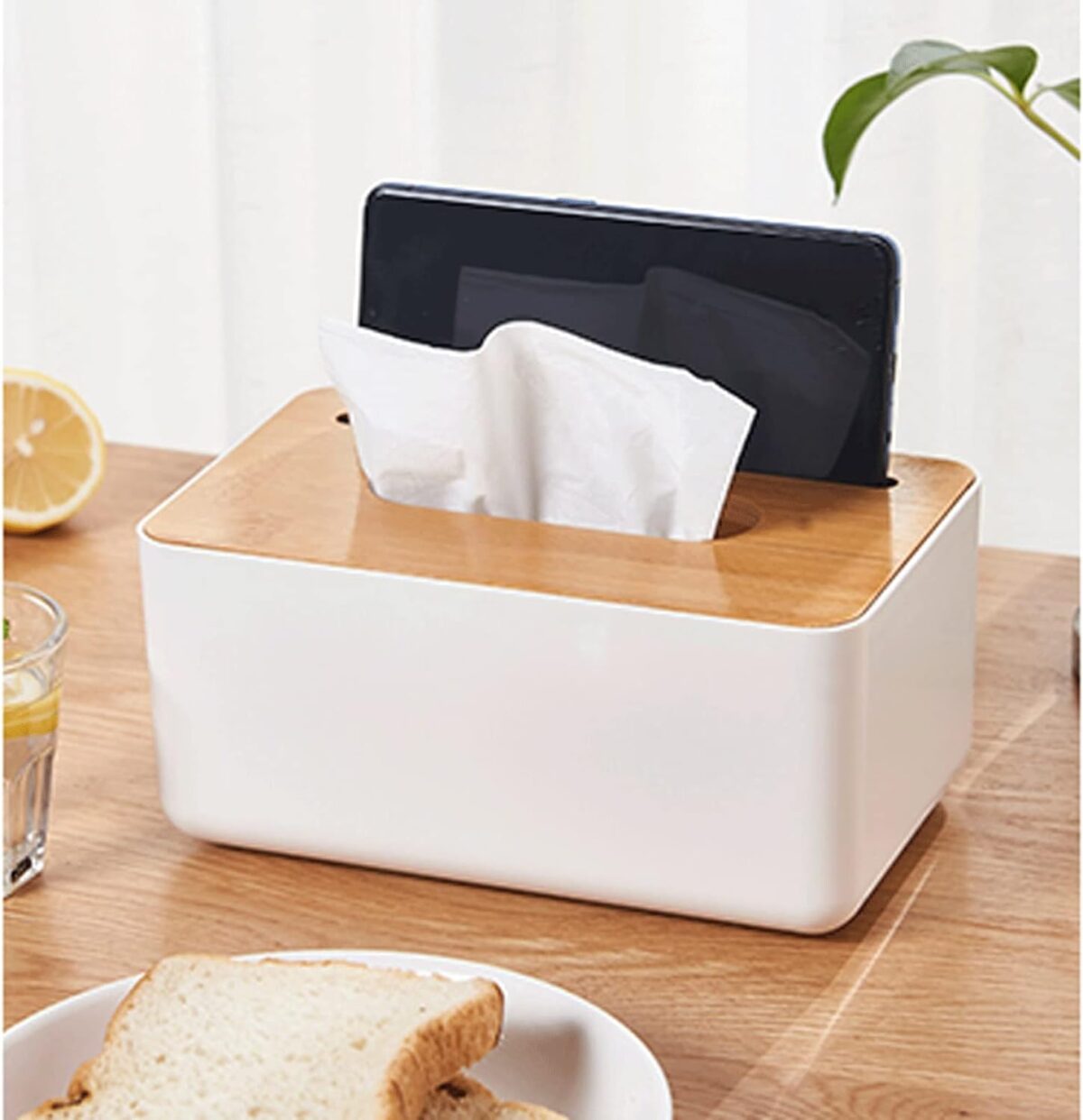 ⁦علبة لحمل وتنظيم المناديل بجزء حامل للموبايل بغطاء خشبي شيك لغرف النوم والمعيشة والمكتب⁩ - الصورة ⁦7⁩