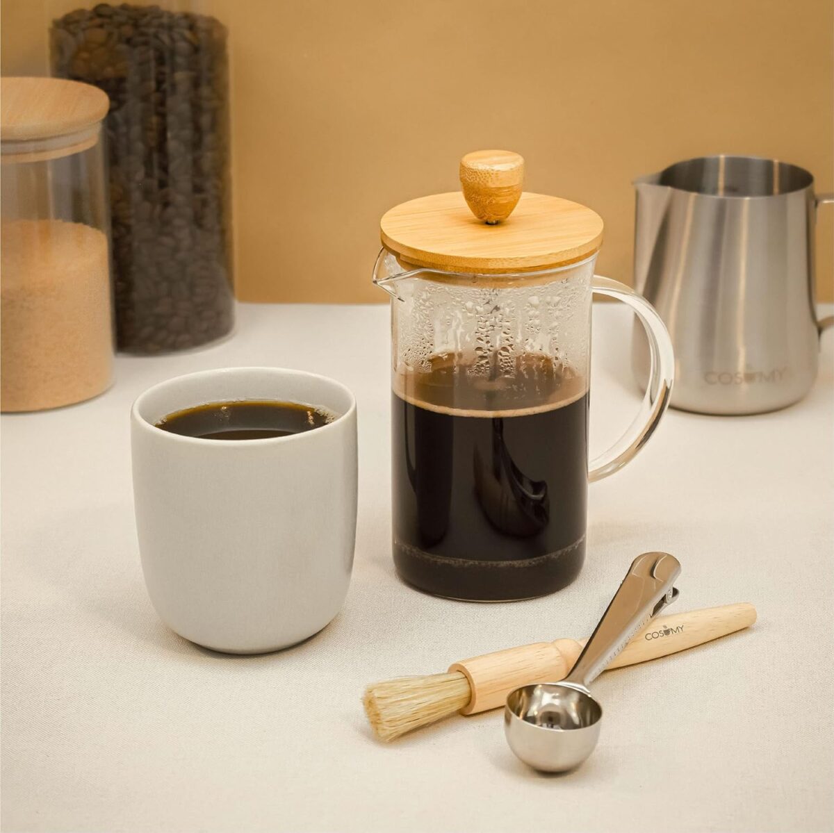 ⁦ماكينة يدوية 450 ملي لصنع وتحضير القهوة الفرنسية والفوم تعمل بالضغط بغطاء خشبي ويد من الزجاج⁩ - الصورة ⁦3⁩