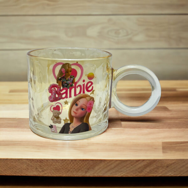 مج باربي 250 ملي زجاج عسلي بيد لشرب وتقديم الشاي والنسكافيه والكابتشينو واللاتيه والهوت شوكلت