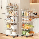 تربو منظم لأدوات المطبخ والحمام 5 سلات بعجلات لسهولة الحركة من المعدن