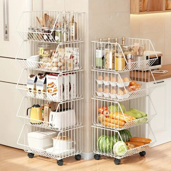 تربو منظم لأدوات المطبخ والحمام 5 سلات بعجلات لسهولة الحركة من المعدن