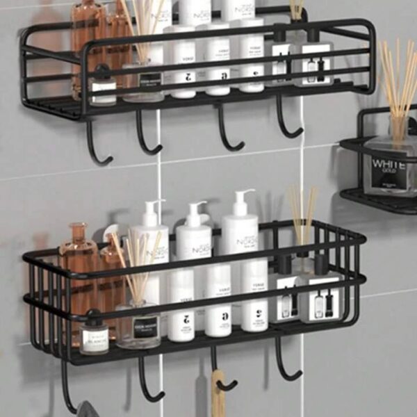 رف معدن منظم لأدوات الحمام والمطبخ ب 4 هوكات ولزق دبل فيس قوي لسهولة التعليق