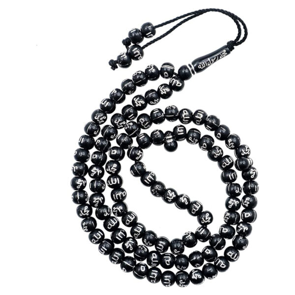 سبحة 100 حبة منقوشة بأسم الله ورسوله محمد (ص) باللون الأسود الملكي