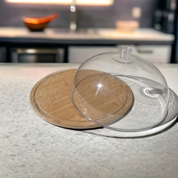 طبق خشب دائري بغطاء اكليريك شفاف لحفظ وتقديم الكيك والمافن والكوكيز والحلويات