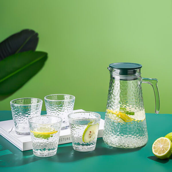 طقم تقديم العصائر والمشروبات الرمضانية شفشق بغطاء محكم الغلق ويد مع 4 اكواب من الزجاج