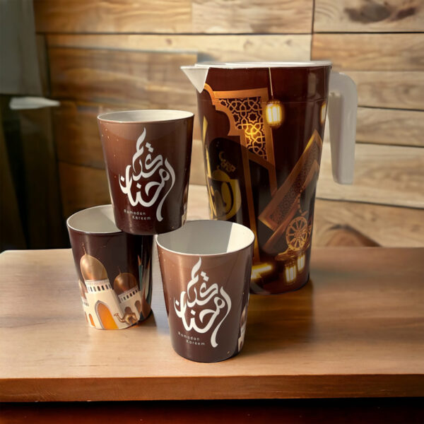 طقم تقديم العصائر والمشروبات الرمضانية شفشق رمضان كريم 1500 ملي بيد و3 كوبايات من البلاستيك