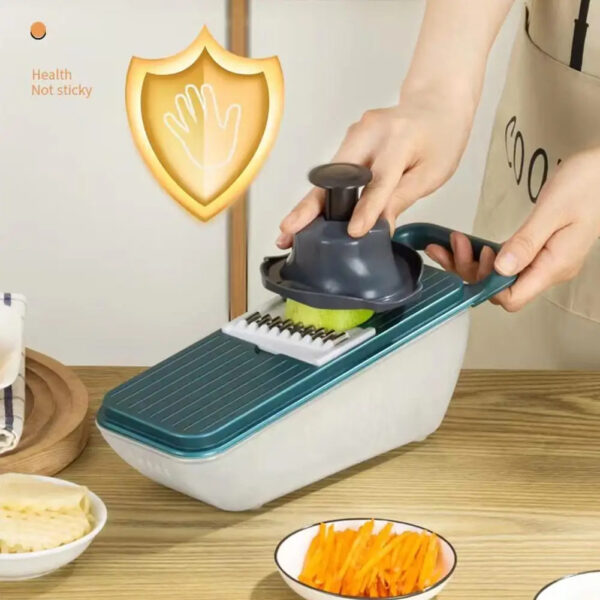 قطاعة ومبشرة يدوية للخضراوات والفواكه والجبن 5 رؤوس مع صفاية وعلبة عملية وسهلة الاستخدام بيد