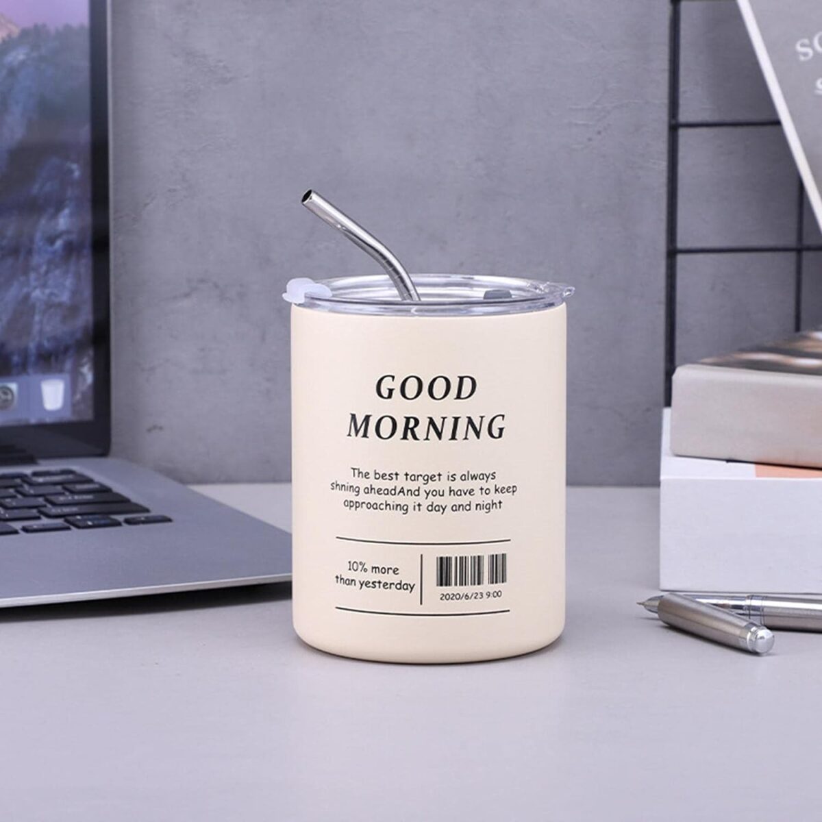 ⁦مج جود مورنينج حراري استانليس ستيل 350 ملي بطريقتين للشرب بغطاء محكم الغلق وشاليموه استانليس للخروج والجيم والسفر⁩ - الصورة ⁦5⁩