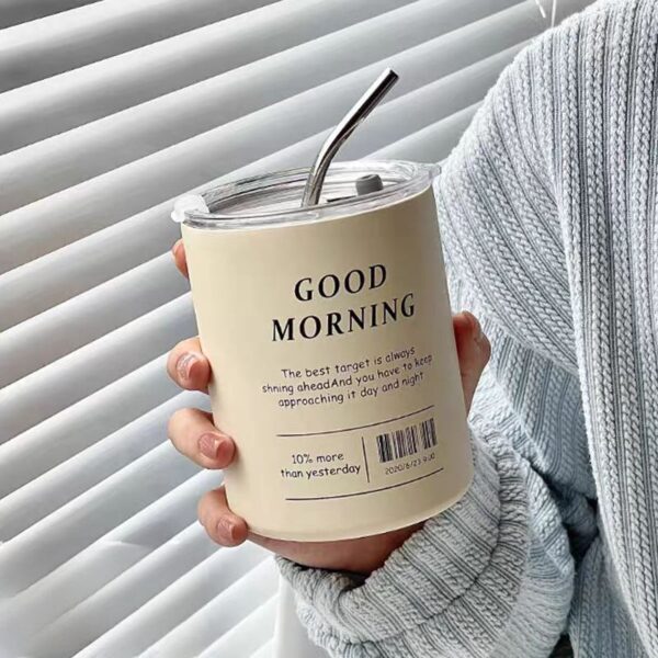 مج جود مورنينج حراري استانليس ستيل 350 ملي بطريقتين للشرب بغطاء محكم الغلق وشاليموه استانليس للخروج والجيم والسفر