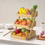 ⁦استاند خشب 3 دور قابل للطي لحمل وتنظيم الخضروات والفواكه والمخبوزات في المطبخ بشكل شيك⁩ - الصورة ⁦3⁩