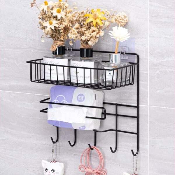 استاند معدن لتنظيم أدوات المطبخ مع حامل للمناديل و 6 هوكات لتعليق الفوط ومعالق الغرف بلزق دبل فيس