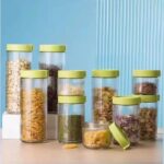 طقم برطمانات زجاج 10 قطع بمقاسات مختلفة لحمل وتنظيم الحبوب والبقوليات والتوابل بغطاء محكم الغلق