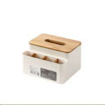 ⁦علبة مناديل بغطاء خشب مع منظم مقسم 4 خانات لحمل الريموت والشواحن والاقلام  لغرف النوم والليفنج والمكتب⁩ - الصورة ⁦4⁩