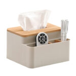 ⁦علبة مناديل بغطاء خشب مع منظم مقسم 4 خانات لحمل الريموت والشواحن والاقلام  لغرف النوم والليفنج والمكتب⁩ - الصورة ⁦5⁩