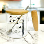 مج زجاج للنسكافيه واللاتيه والايس كوفي بيد وغطاء خشب ومعلقة استانليس ستيل 400 ملي