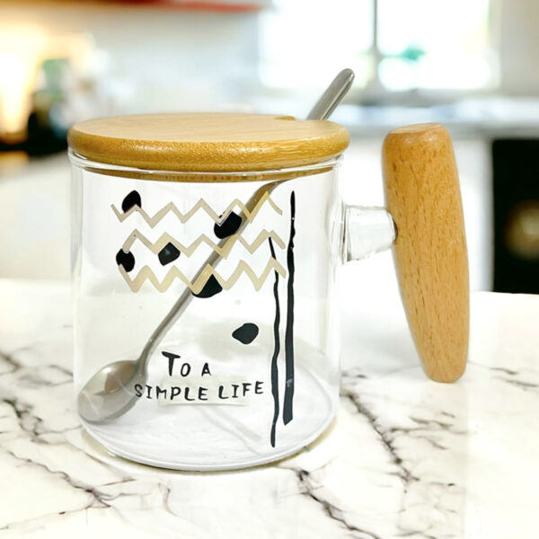 مج زجاج للنسكافيه واللاتيه والايس كوفي بيد وغطاء خشب ومعلقة استانليس ستيل 400 ملي