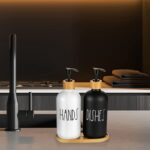 ⁦طقم ديسبنسر صابون 2 قطعة مع حامل خشبي من السيراميك للحمام والمطبخ⁩ - الصورة ⁦3⁩