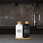 ⁦طقم ديسبنسر صابون 2 قطعة مع حامل خشبي من السيراميك للحمام والمطبخ⁩ - الصورة ⁦6⁩