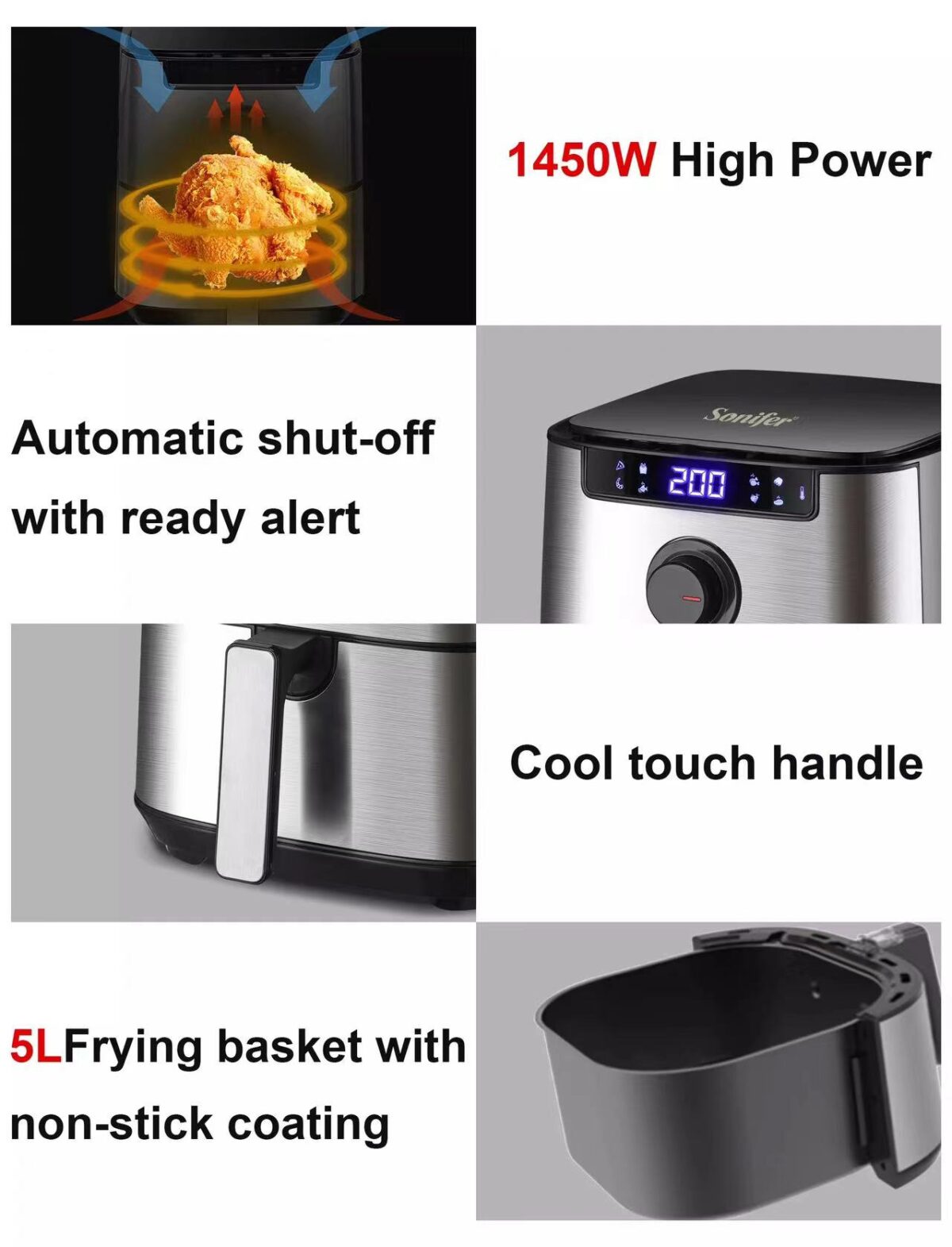 ⁦SF-1013 قلاية هوائية سونيفر 5 لتر مع شاشة تاتش ديجيتال - 1450 وات⁩ - الصورة ⁦5⁩