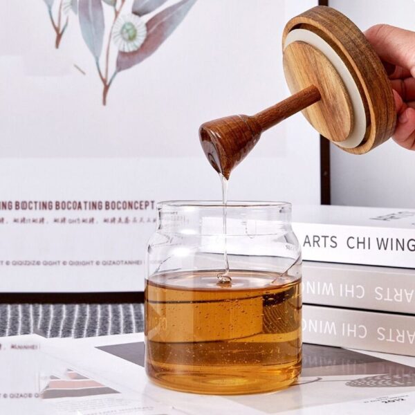 برطمان زجاج 300 ملي  للعسل بغطاء خشبي محكم الغلق