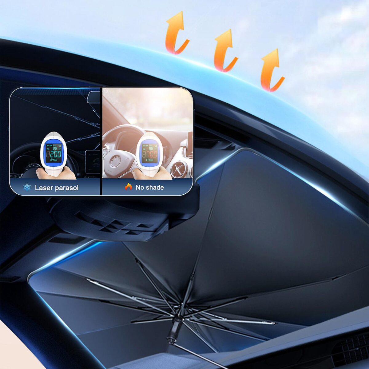 ⁦شماسة سيارة ليزر بنسبة عزل للحرارة 100٪ عاكسة لاشعة الشمس ومانعة للحرارة مزودة بفتحة من أعلى لتثبيتها على المرآة بسهولة قابلة للطي⁩ - الصورة ⁦8⁩