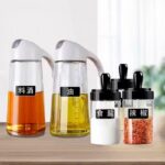 طقم زياته زجاج قطعتين مع 3 قطع برطمانات توابل للمطبخ