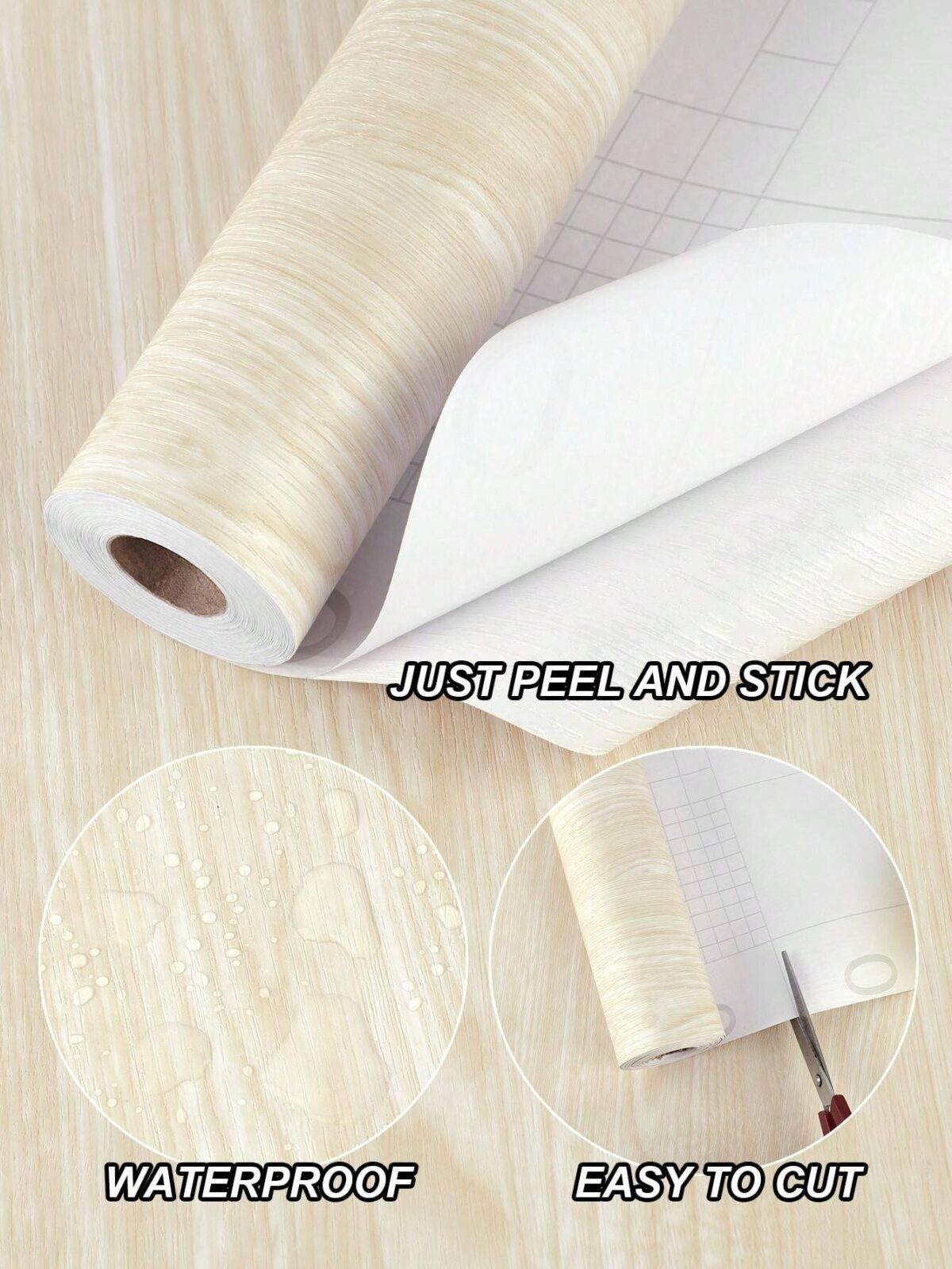 ⁦رول استيكر لاصق شكل خشبي لتجديد ديكور المطبخ باللون البيج الفاتح⁩ - الصورة ⁦2⁩