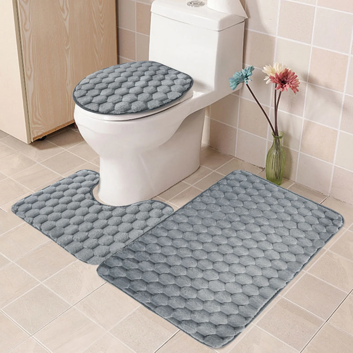 ⁦طقم دواسات حمام  3 قطع مقاس 60 *40 باللون الرمادي - قطيفة⁩ - الصورة ⁦2⁩