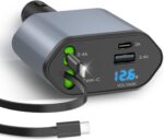 ⁦شاحن سيارة سريع للموبايلات 4*1 بكابلات قابلة للسحب ومنفذ يو اس بي - 120 واط⁩ - الصورة ⁦10⁩