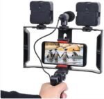 ⁦ترايبود ثلاثي القوائم بمقبضين مع مايك وإضاءة مزدوجة لتصوير فيديو احترافي⁩ - الصورة ⁦3⁩