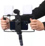 ⁦ترايبود ثلاثي القوائم بمقبضين مع مايك وإضاءة مزدوجة لتصوير فيديو احترافي⁩ - الصورة ⁦4⁩