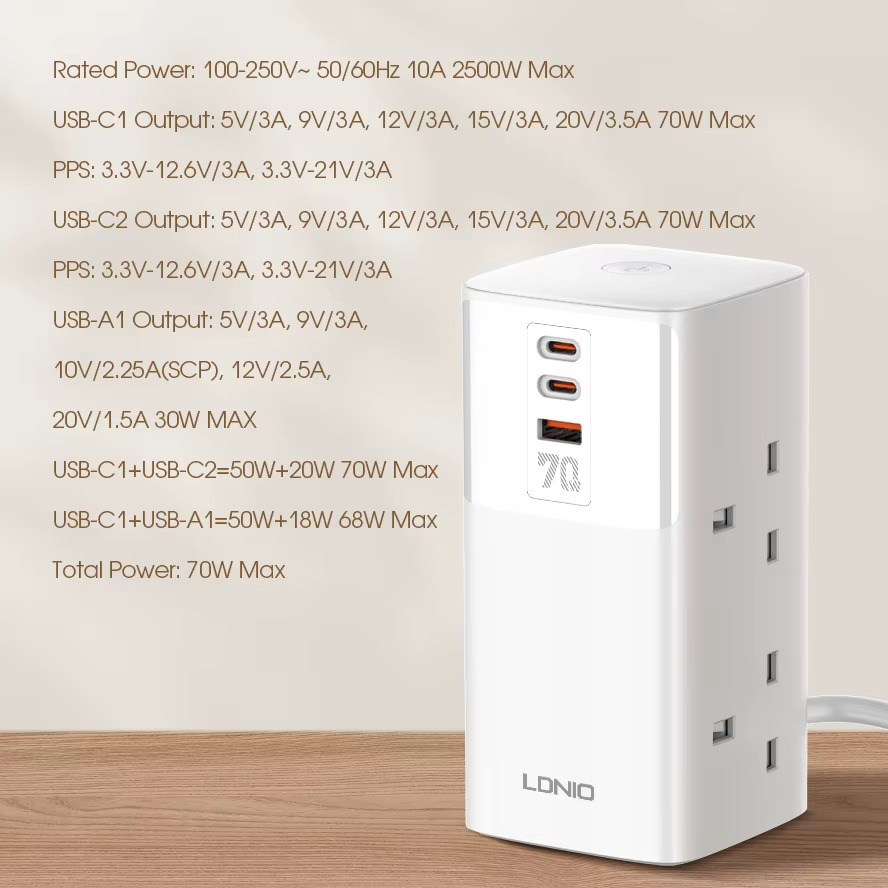 ⁦بقوة 2500 واط USB ومنفذ Type_C مشترك كهربائي وشاحن ب 4 منافذ للفيش و منفذين⁩ - الصورة ⁦7⁩