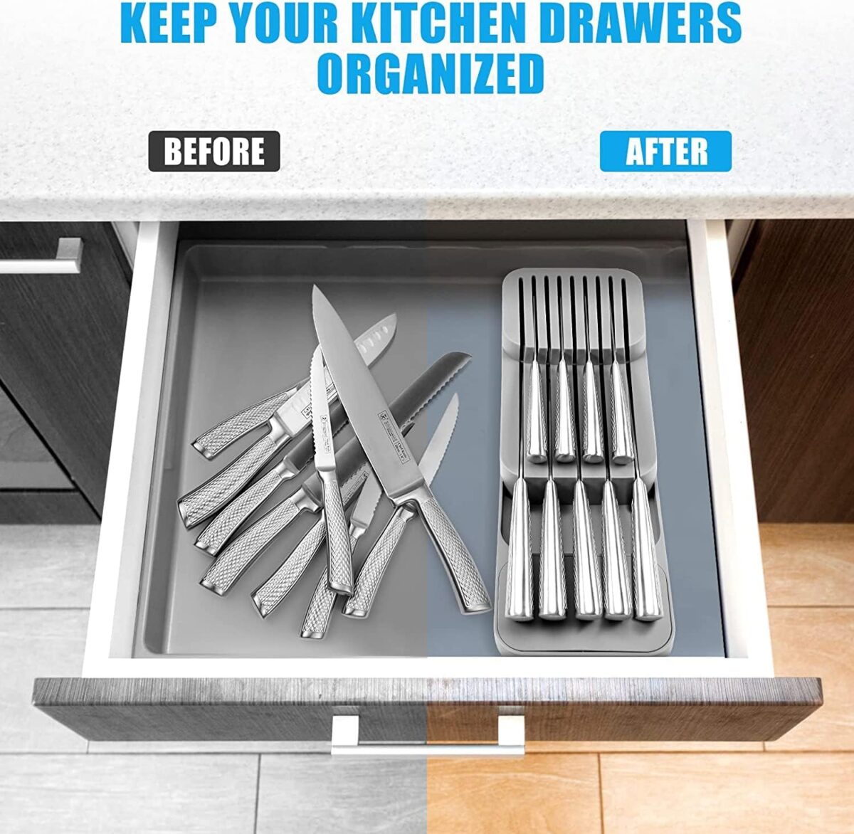 ⁦حامل ومنظم سكاكين من البلاستيك 9 خانات للادراج ورخامة المطبخ⁩ - الصورة ⁦7⁩