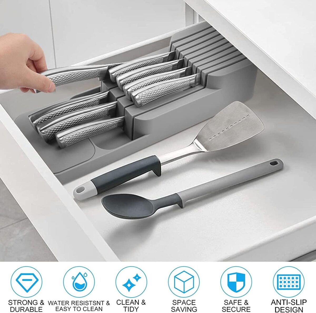 ⁦حامل ومنظم سكاكين من البلاستيك 9 خانات للادراج ورخامة المطبخ⁩ - الصورة ⁦8⁩