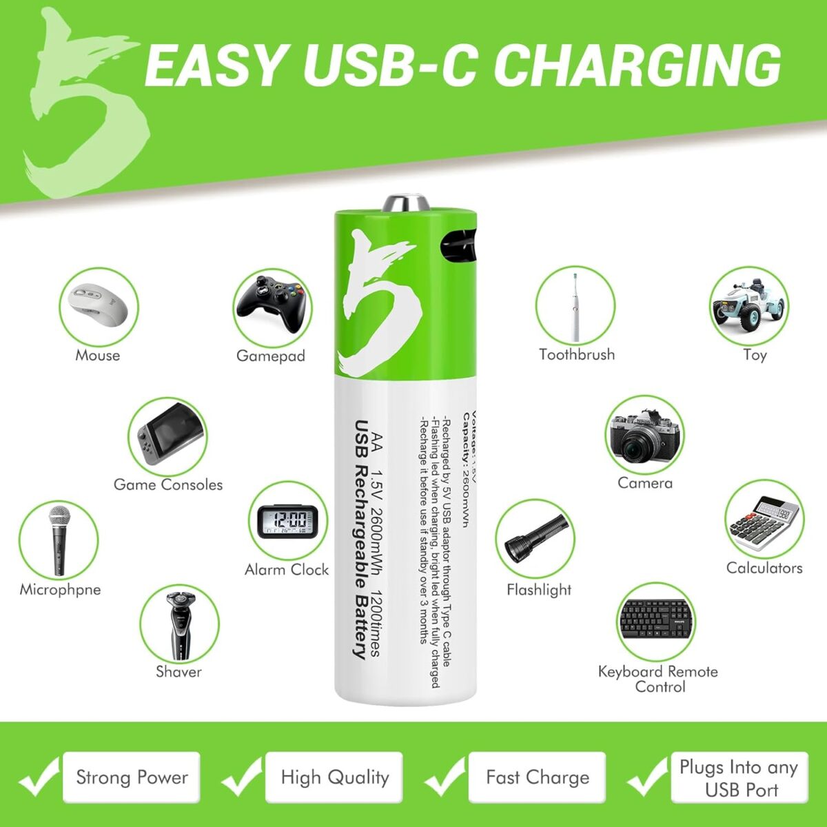 ⁦حجارة قابلة لاعادة الشحن بنففذ يو اس بي 2600ملي اميبر _ 4 قطع⁩ - الصورة ⁦8⁩