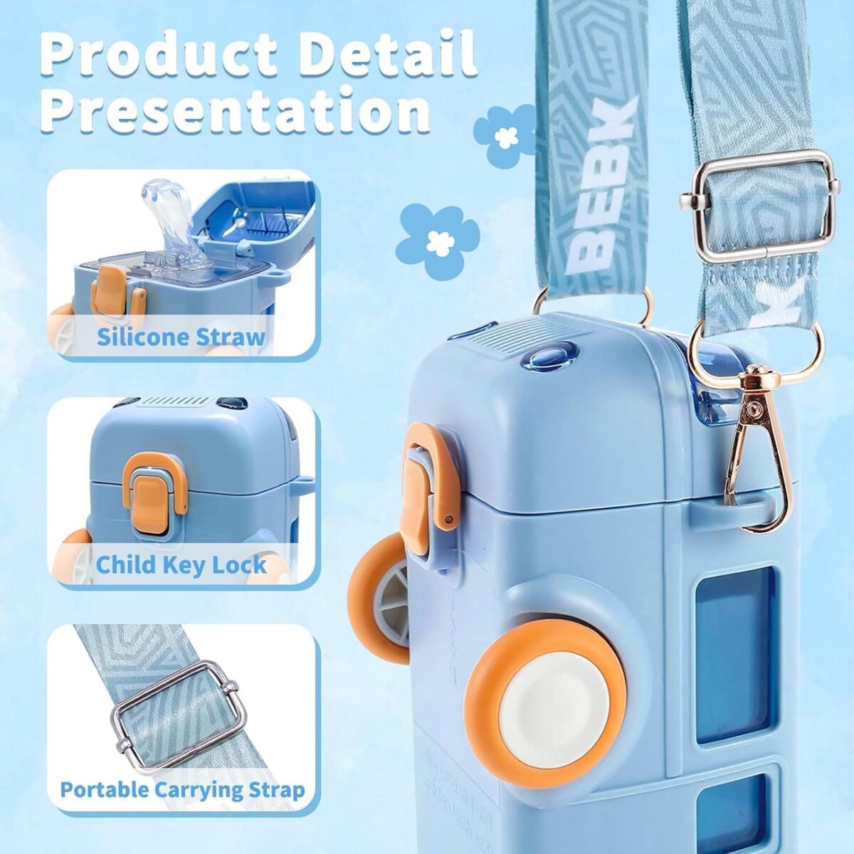 ⁦زمزمية بشاليموه شكل باص مجسم مع حزام كروس للمدرسة والنادي -500 مللي⁩ - الصورة ⁦3⁩