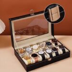 صندوق جلد لتنظيم الساعات مقسم الي 12 خانة بغطاء زجاجي محكم الغلق