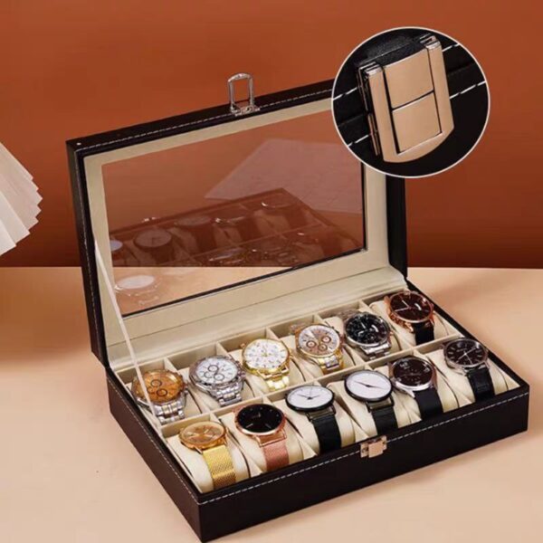 صندوق جلد لتنظيم الساعات مقسم الي 12 خانة بغطاء زجاجي محكم الغلق