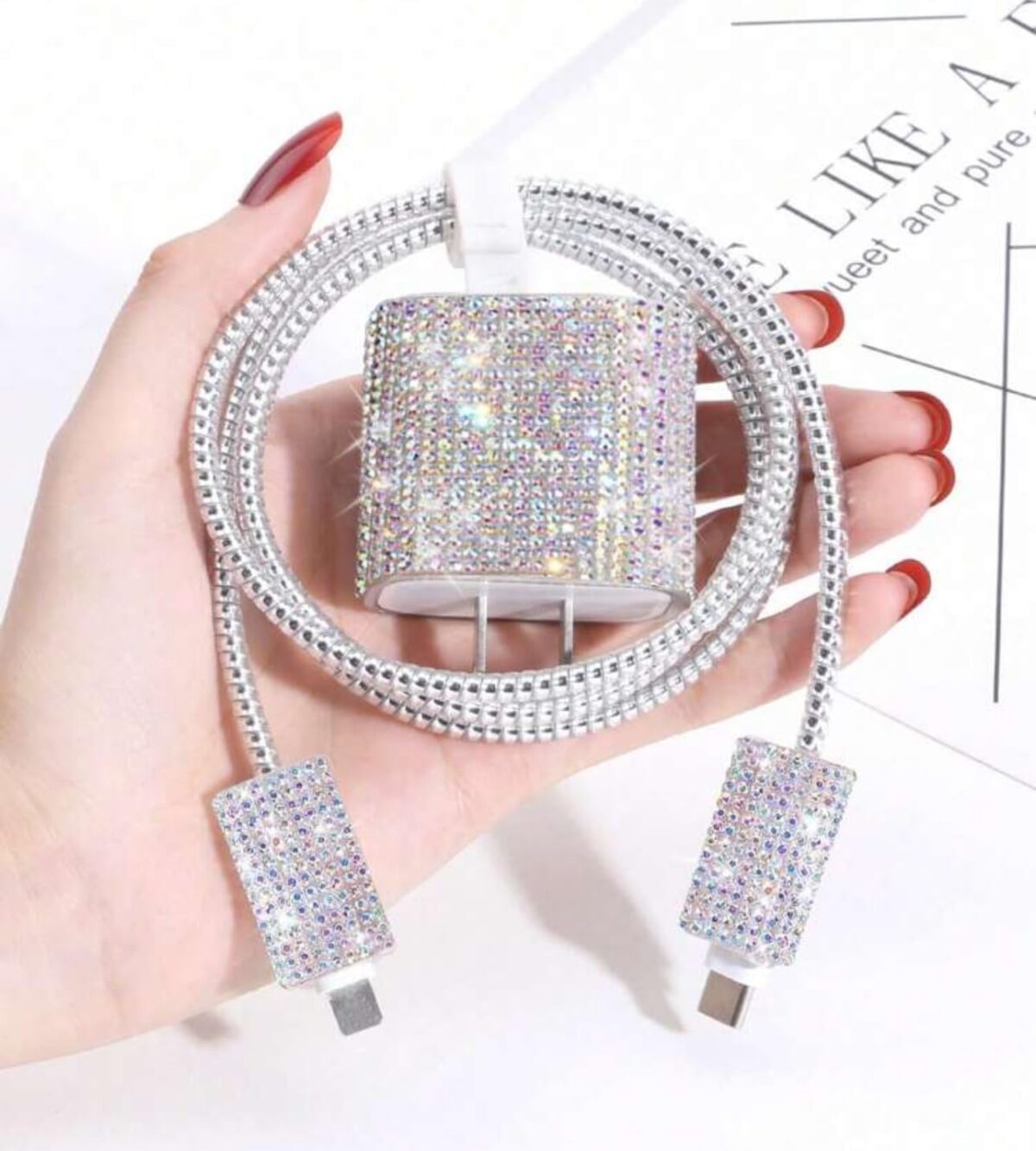 ⁦كفر حماية لشاحن وكابل وسلك الايفون تصميم جليتر لامع _ 5 قطع⁩ - الصورة ⁦3⁩