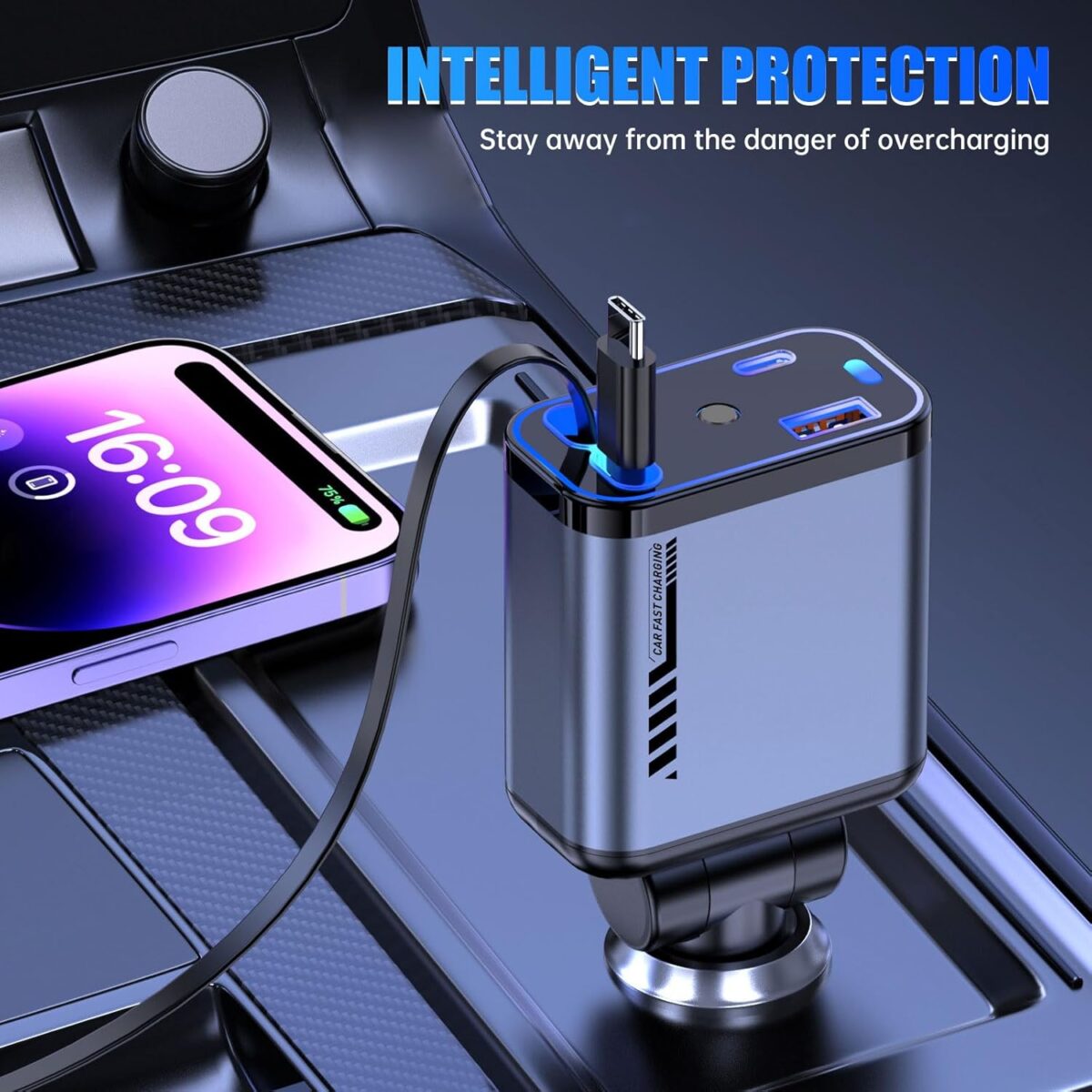 ⁦شاحن سيارة 4×1 مع ضوء ليد وكابلات قابلة للسحب ومنفذ يو اس بي _ 120 واط⁩ - الصورة ⁦2⁩