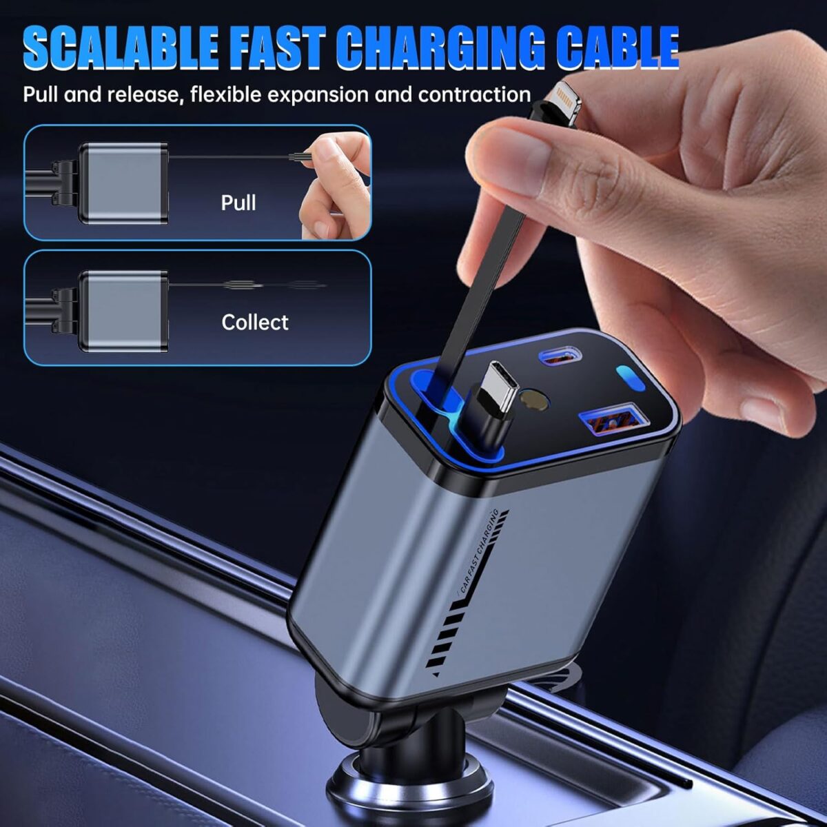 ⁦شاحن سيارة 4×1 مع ضوء ليد وكابلات قابلة للسحب ومنفذ يو اس بي _ 120 واط⁩ - الصورة ⁦4⁩