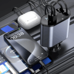 شاحن سيارة سريع للموبايلات 4*1 بكابلات قابلة للسحب ومنفذ يو اس بي - 120 واط